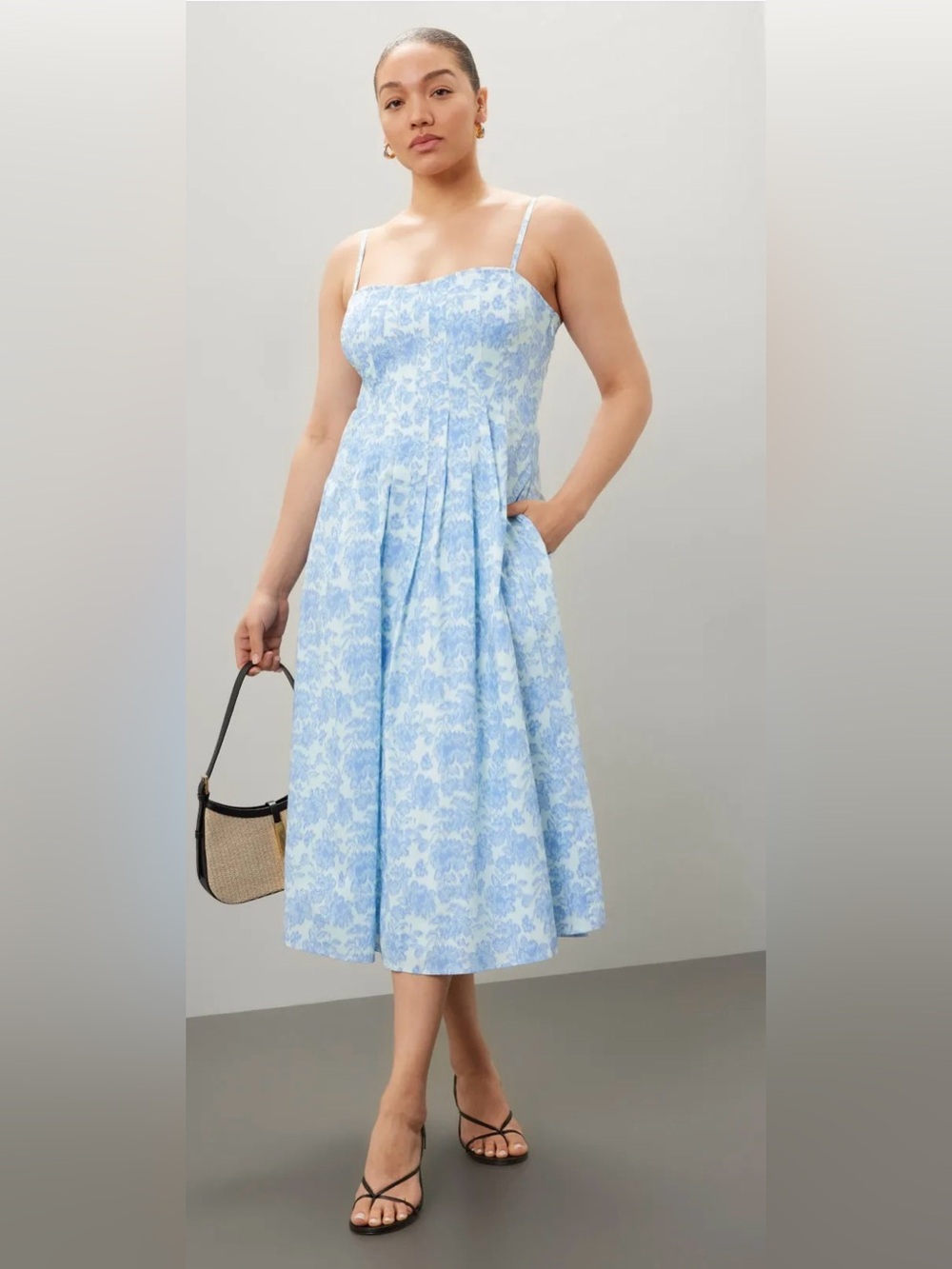Derek Lam Light Blue Floral Midi Dress with Spaghetti Straps size Italian 42 US6